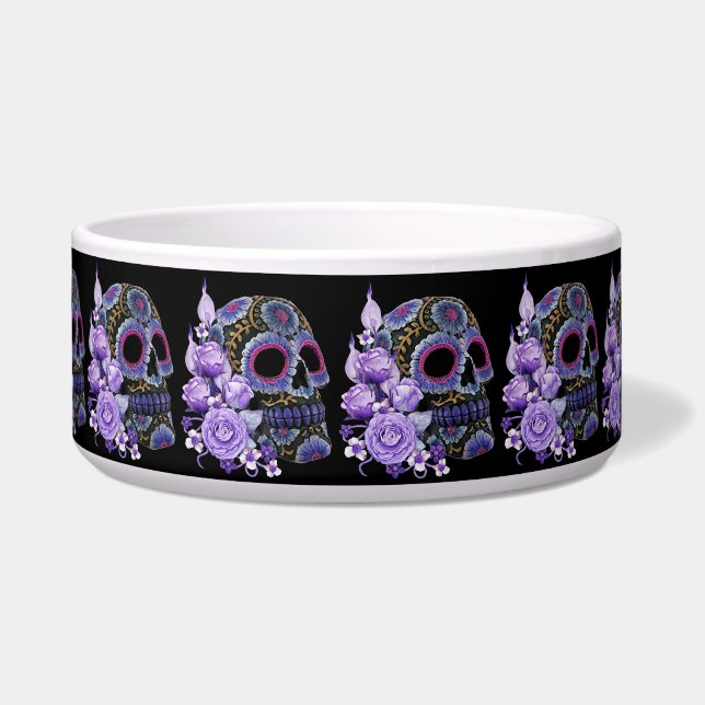 Purple Floral Black Sugar Skull Day Of The Dead Bowl (Front)