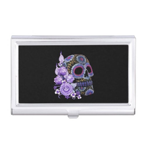 Purple Floral Black Sugar Skull Day Of The Dead Business Card Case