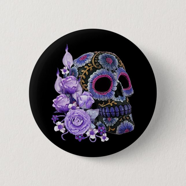 Purple Floral Black Sugar Skull Day Of The Dead Button (Front)