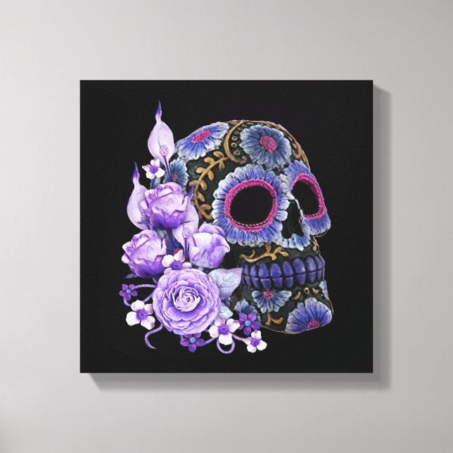Purple Floral Black Sugar Skull Day Of The Dead Canvas Print (Front)