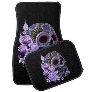 Purple Floral Black Sugar Skull Day Of The Dead Car Floor Mat