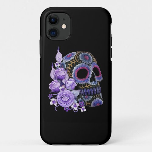 Purple Floral Black Sugar Skull Day Of The Dead iPhone 11 Case