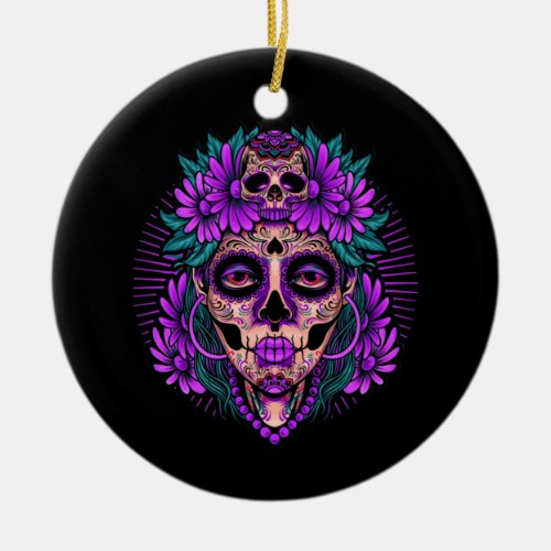 Purple Floral Black Sugar Skull Day Of The Dead Ceramic Ornament