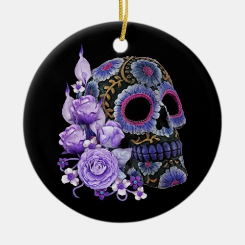Purple Floral Black Sugar Skull Day Of The Dead Ceramic Ornament