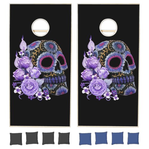 Purple Floral Black Sugar Skull Day Of The Dead Cornhole Set