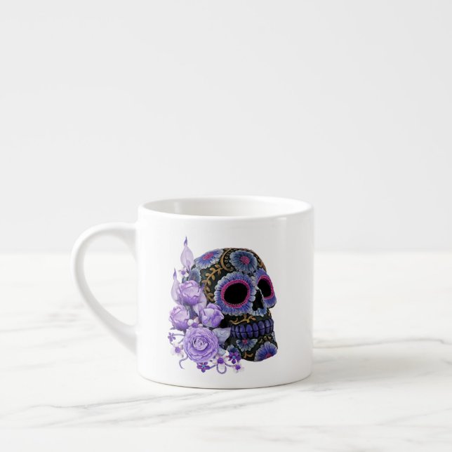 Purple Floral Black Sugar Skull Day Of The Dead Espresso Cup (Left)