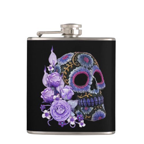 Purple Floral Black Sugar Skull Day Of The Dead Flask