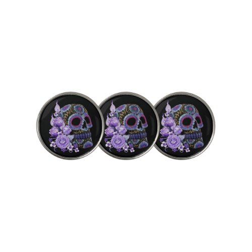 Purple Floral Black Sugar Skull Day Of The Dead Golf Ball Marker