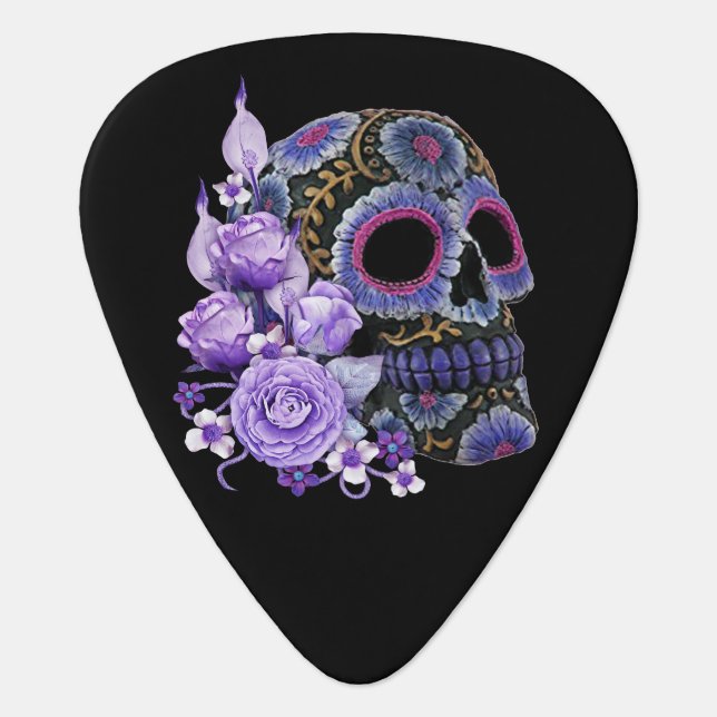 Purple Floral Black Sugar Skull Day Of The Dead Guitar Pick (Front)