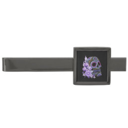 Purple Floral Black Sugar Skull Day Of The Dead Gunmetal Finish Tie Bar