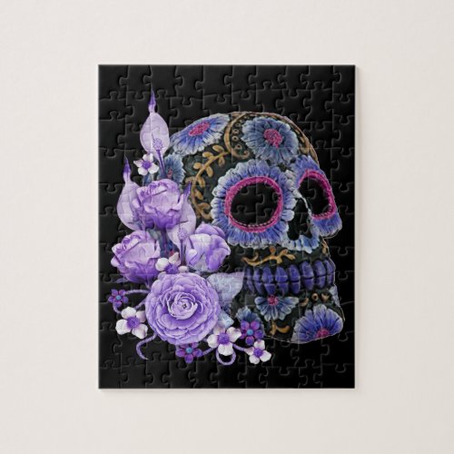 Purple Floral Black Sugar Skull Day Of The Dead Jigsaw Puzzle