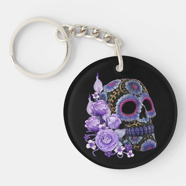 Purple Floral Black Sugar Skull Day Of The Dead Keychain (Front)