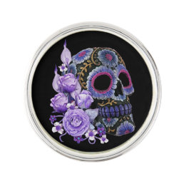 Purple Floral Black Sugar Skull Day Of The Dead Lapel Pin
