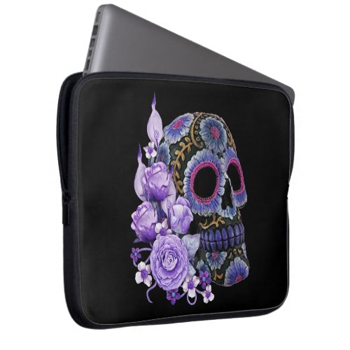 Purple Floral Black Sugar Skull Day Of The Dead Laptop Sleeve