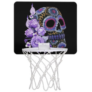 Purple Floral Black Sugar Skull Day Of The Dead Mini Basketball Hoop