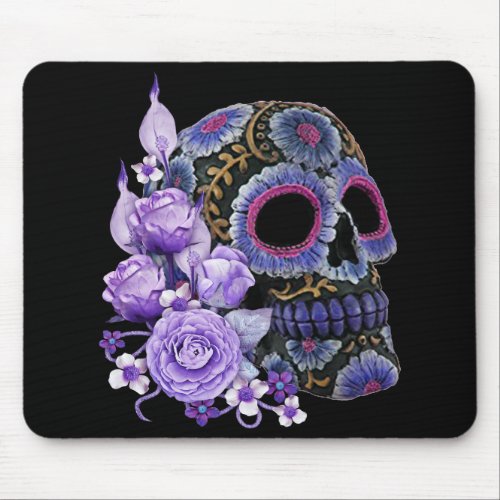 Purple Floral Black Sugar Skull Day Of The Dead Mouse Pad