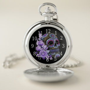 Purple Floral Black Sugar Skull Day Of The Dead Pocket Watch
