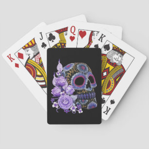 Purple Floral Black Sugar Skull Day Of The Dead Poker Cards