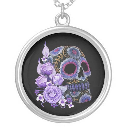 Purple Floral Black Sugar Skull Day Of The Dead Silver Plated Necklace