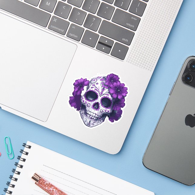 Purple Floral Black Sugar Skull Day Of The Dead Sticker (Laptop w/ iPhone)