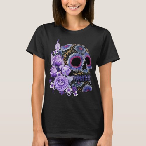 Purple Floral Black Sugar Skull Day Of The Dead T_Shirt