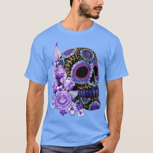 Purple Floral Black Sugar Skull Day Of The Dead  T_Shirt