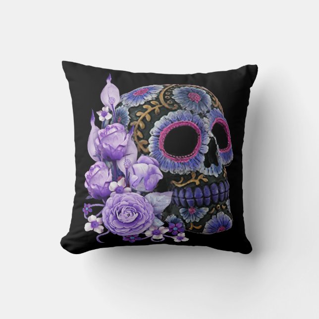 Purple Floral Black Sugar Skull Day Of The Dead Throw Pillow (Front)