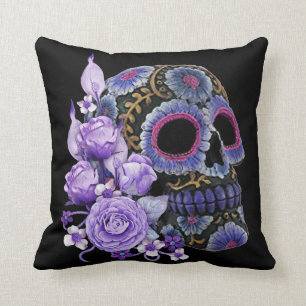 Purple Floral Black Sugar Skull Day Of The Dead Throw Pillow