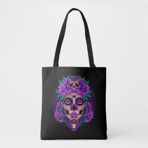 Purple Floral Black Sugar Skull Day Of The Dead Tote Bag
