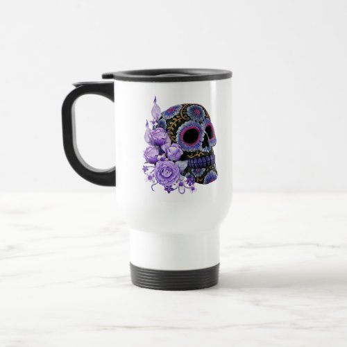 Purple Floral Black Sugar Skull Day Of The Dead Travel Mug