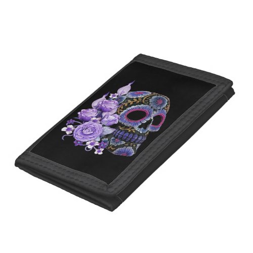 Purple Floral Black Sugar Skull Day Of The Dead Trifold Wallet
