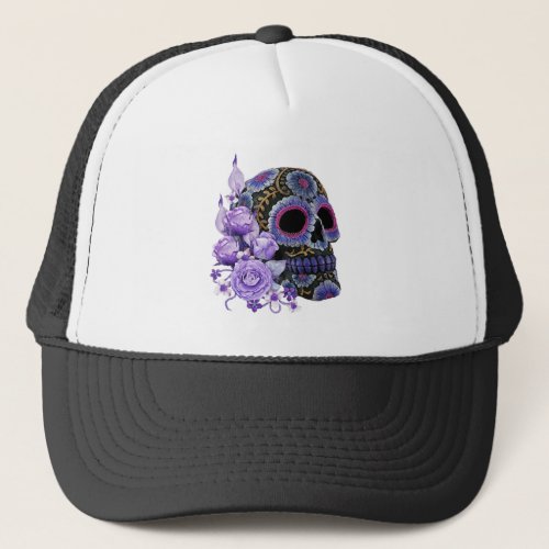 Purple Floral Black Sugar Skull Day Of The Dead Trucker Hat