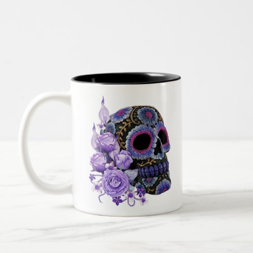 Purple Floral Black Sugar Skull Day Of The Dead Two_Tone Coffee Mug