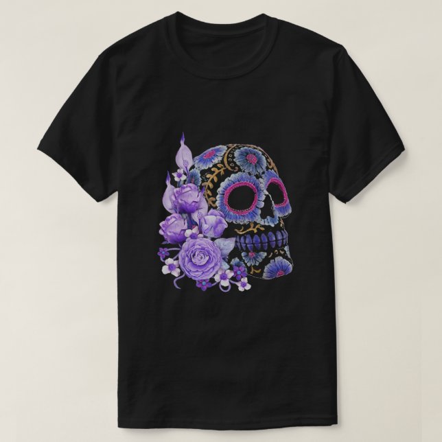 Purple Floral Black Sugar Skull T-Shirt (Design Front)