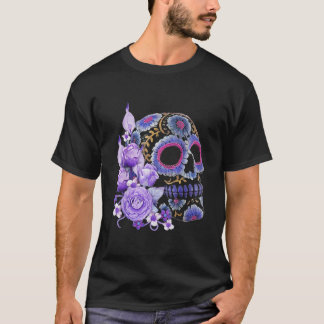 Purple Floral Black Sugar Skull T-Shirt