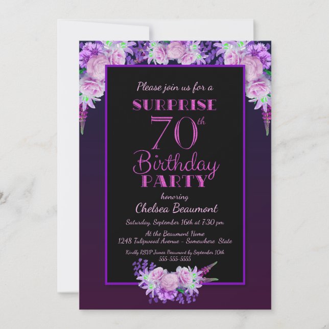 Purple Floral Black Surprise 70th Birthday Party Invitation (Front)