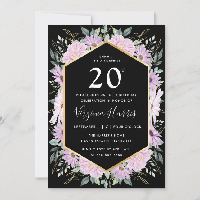 Purple Floral Black Twenty 20th Birthday Invitation (Front)
