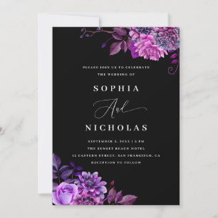 Purple Floral Black Wedding Photo & QR Code Invitation