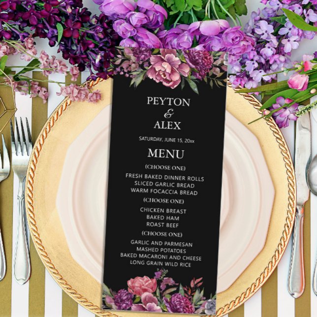 Purple Floral Black Wedding Reception  Menu (Creator Uploaded)