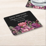 Purple Floral Black Wedding Save the Date Square Paper Coaster<br><div class="desc">Elegant and romantic purple floral on black wedding "Save the Date" coaster,  personalized with the names of the bride and groom and their wedding date.</div>