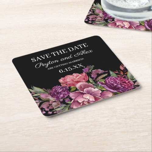 Purple Floral Black Wedding Save the Date Square Paper Coaster