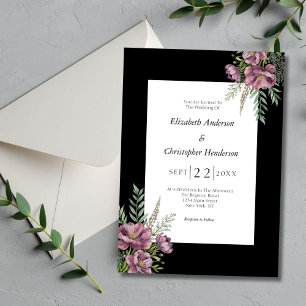 Purple Floral Black White Elegant Modern Wedding Invitation
