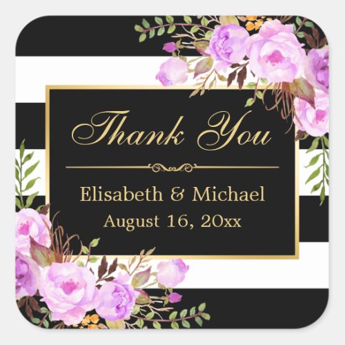 Purple Floral Black White Striped Gold Thank You Square Sticker