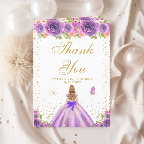 Purple Floral Blonde Hair Girl Birthday Party Thank You Card