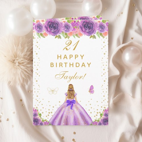 Purple Floral Blonde Hair Girl Happy Birthday Card