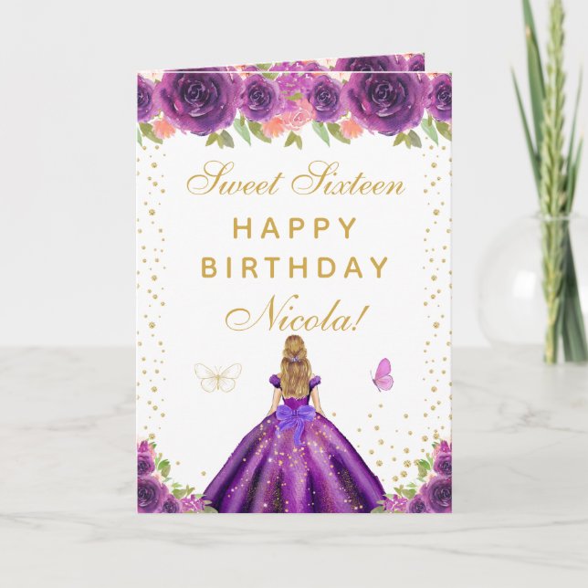 Purple Floral Blonde Hair Girl Sweet Sixteen Card (Front)