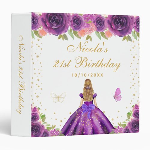 Purple Floral Blonde Hair Princess Birthday Party 3 Ring Binder
