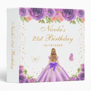 Purple Floral Blonde Hair Princess Birthday Party 3 Ring Binder