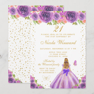 Purple Floral Blonde Hair Princess Birthday Party Invitation