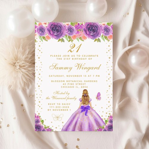 Purple Floral Blonde Hair Princess Birthday Party Invitation